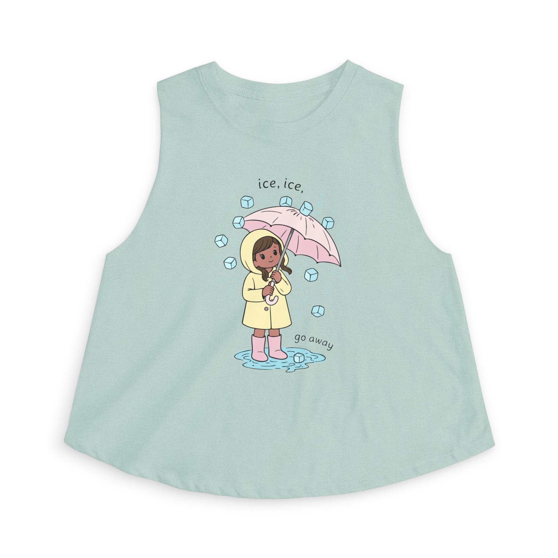Ice, Ice, Go Away Crop Top by Spinsterly Co women's graphic crop top in Heather Dusty Blue with illustrated girl