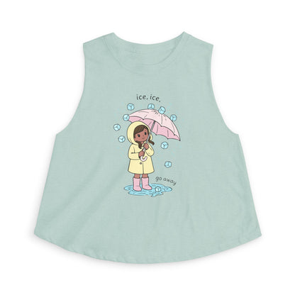 Ice, Ice, Go Away Crop Top by Spinsterly Co women's graphic crop top in Heather Dusty Blue with illustrated girl