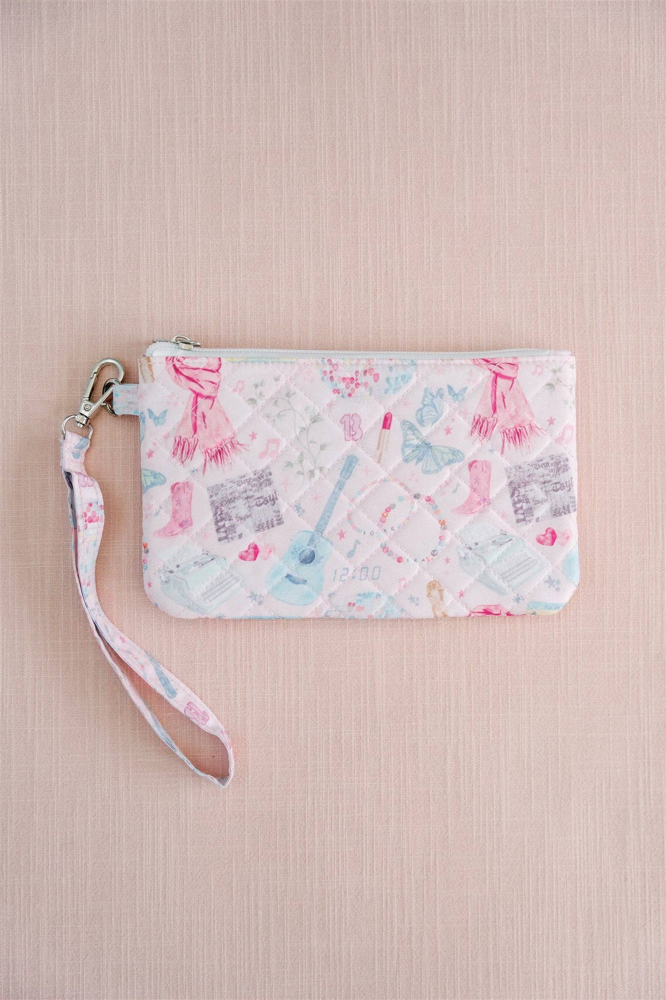 Eras Quilted Wristlet Chic Fan Art Clutch Bag by Gracefully Made, white quilted exterior with wrist strap