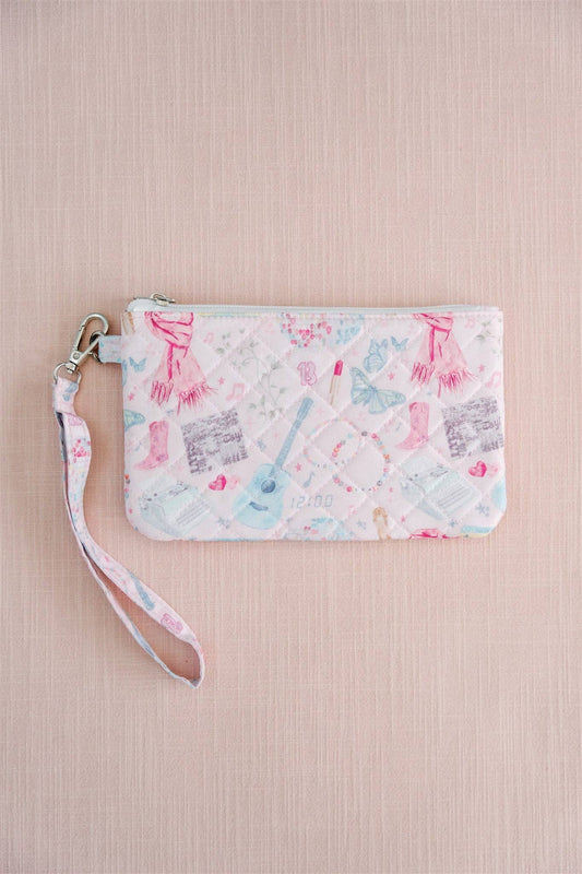 Eras Quilted Wristlet Chic Fan Art Clutch Bag by Gracefully Made, white quilted exterior with wrist strap