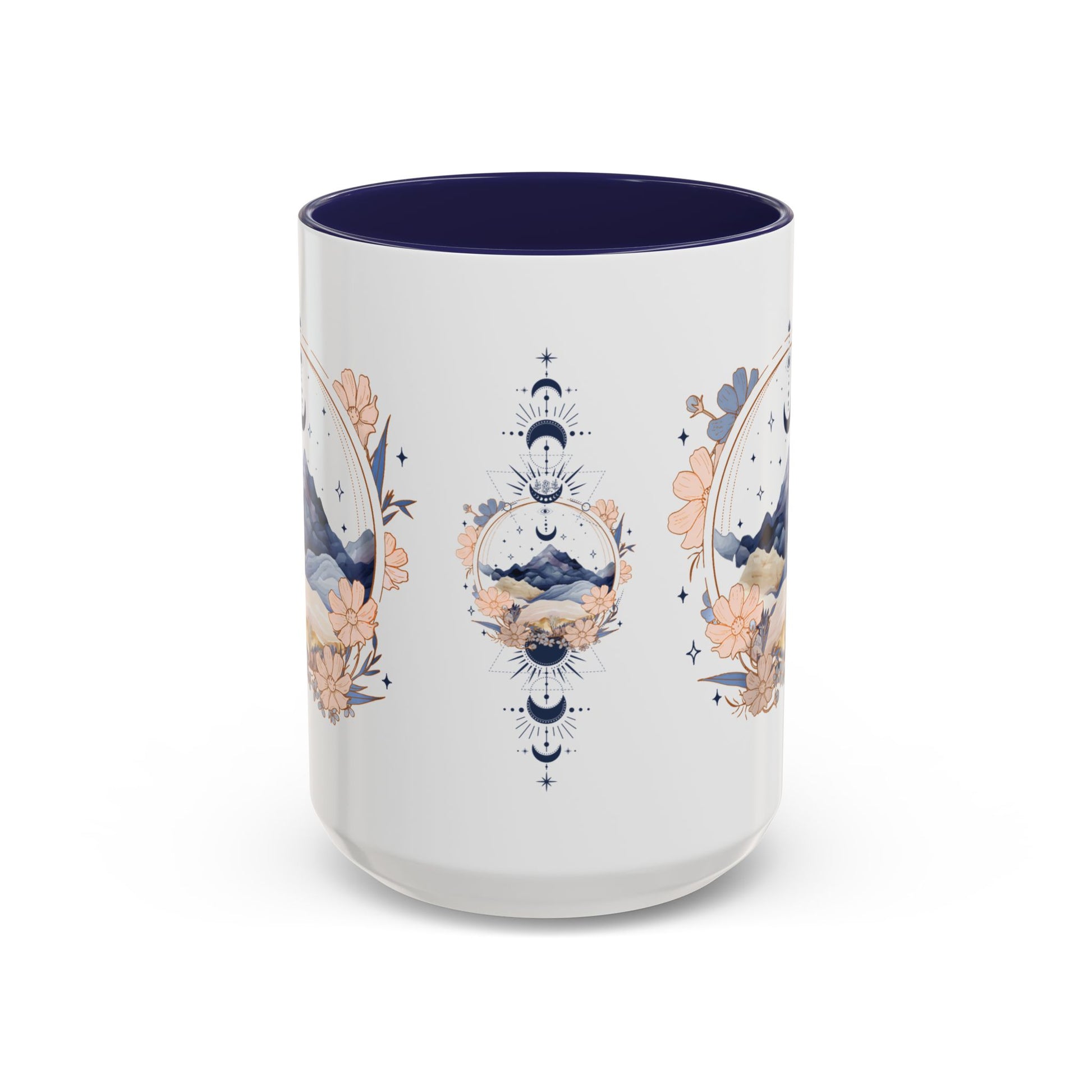 Moon Phase Celestial Accent Coffee Mug by Spinsterly Co in Navy with glossy full-wrap watercolor moon and flowers