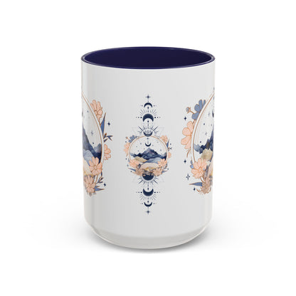 Moon Phase Celestial Accent Coffee Mug by Spinsterly Co in Navy with glossy full-wrap watercolor moon and flowers