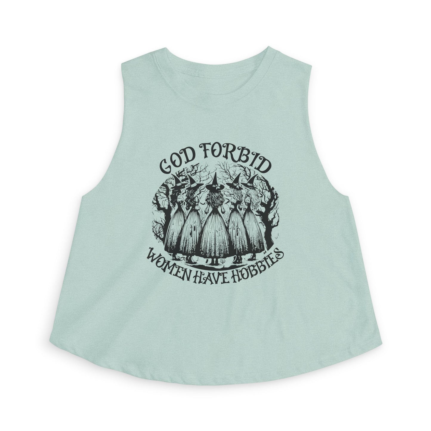 God Forbid Women Have Hobbies Crop Top by Spinsterly Co, Heather Dusty Blue graphic witch illustration