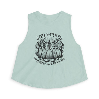 God Forbid Women Have Hobbies Crop Top by Spinsterly Co, Heather Dusty Blue graphic witch illustration