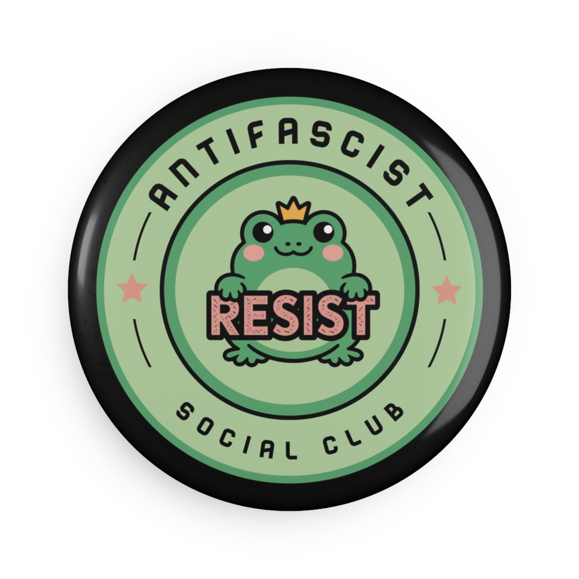 Antifascist Social Club Resist Button Magnet by Spinsterly Co, crowned kawaii frog RESIST badge on green