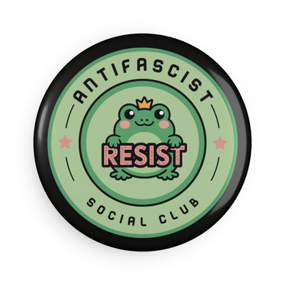 Antifascist Social Club Resist Button Magnet by Spinsterly Co, crowned kawaii frog RESIST badge on green