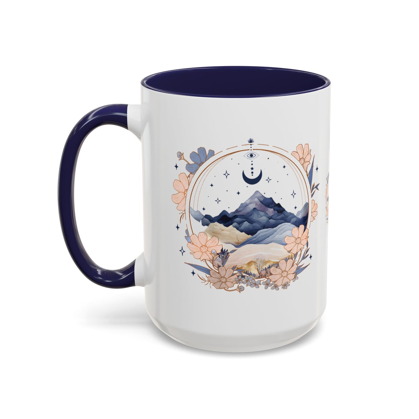 Moon Phase Celestial Accent Coffee Mug by Spinsterly Co in Navy with glossy full wrap watercolor moon scene