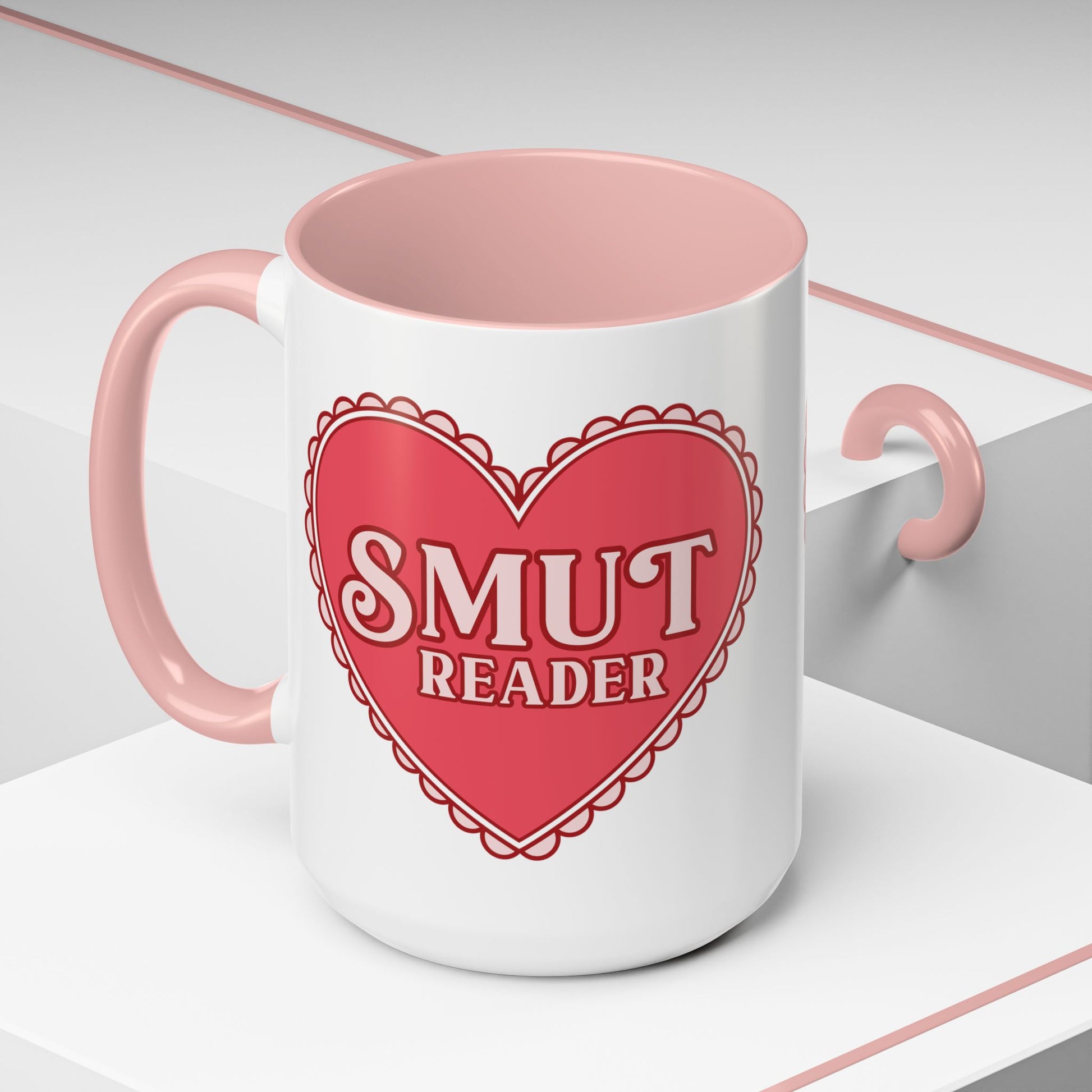 Smut Reader Bold Lace Heart Accent Coffee Mug Spinsterly Co pink glossy ceramic lace heart graphic accent