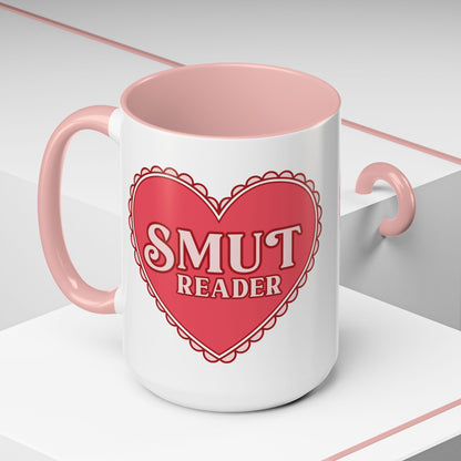 Smut Reader Bold Lace Heart Accent Coffee Mug Spinsterly Co pink glossy ceramic lace heart graphic accent
