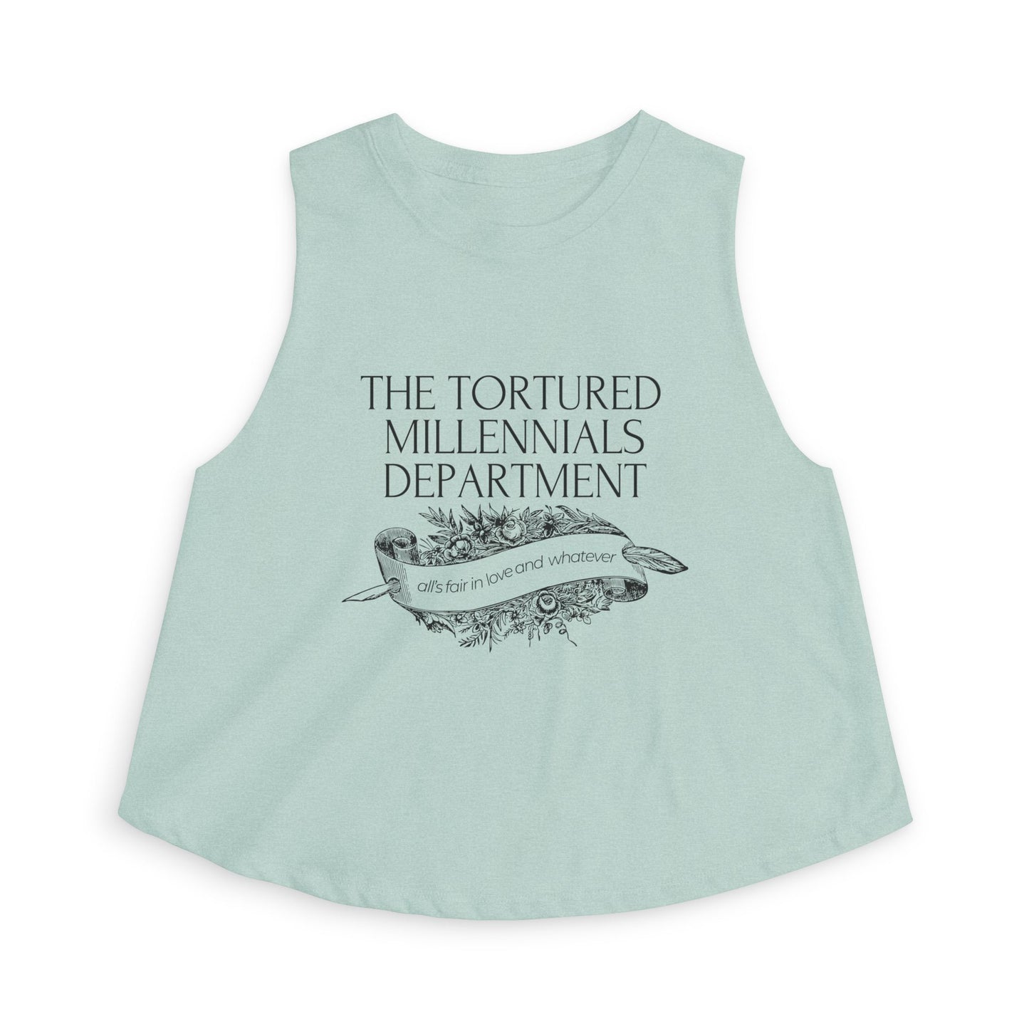 The Tortured Millennials Department Crop Top by Spinsterly Co in Heather Mauve with serif graphic typography