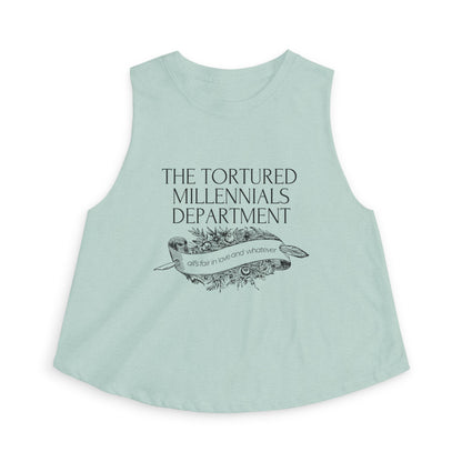The Tortured Millennials Department Crop Top by Spinsterly Co in Heather Mauve with serif graphic typography