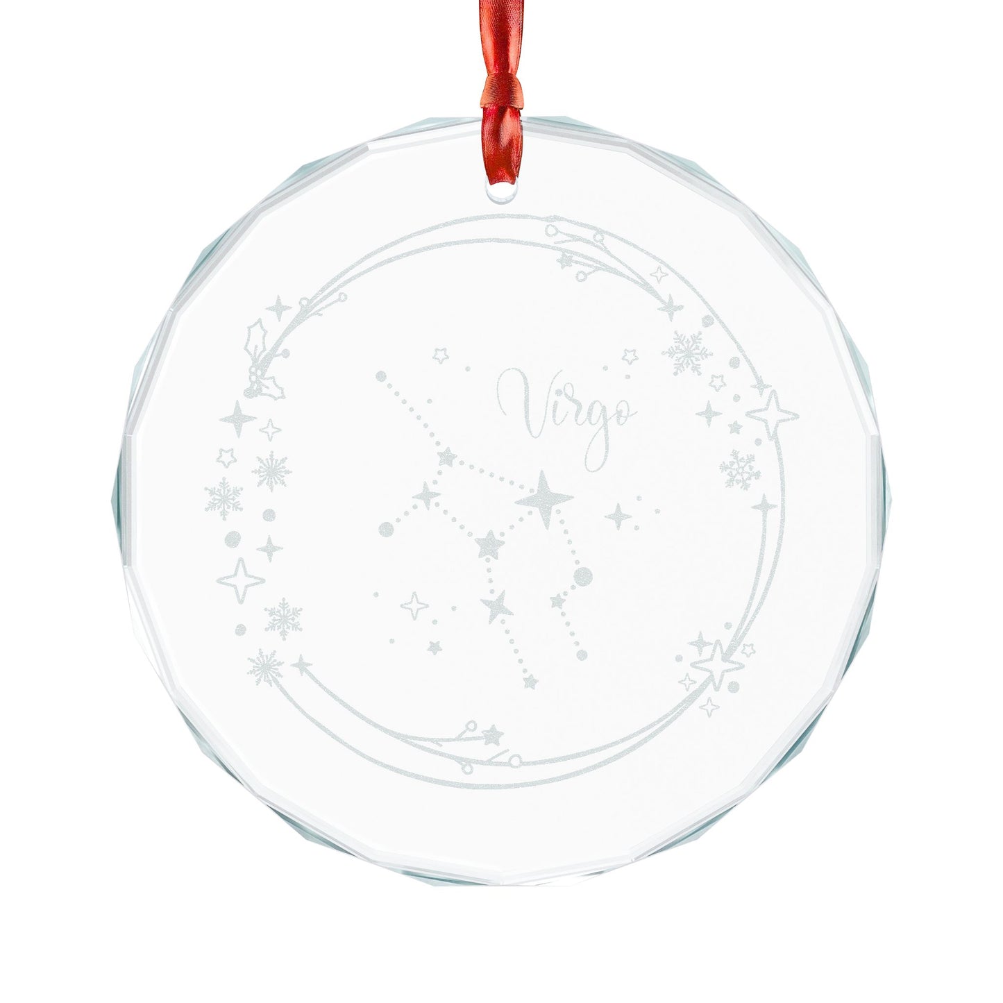 Virgo Constellation Crystal Glass Ornament Engraved Zodiac Star Map Gift by Spinsterly Co, faceted circle with ribbon