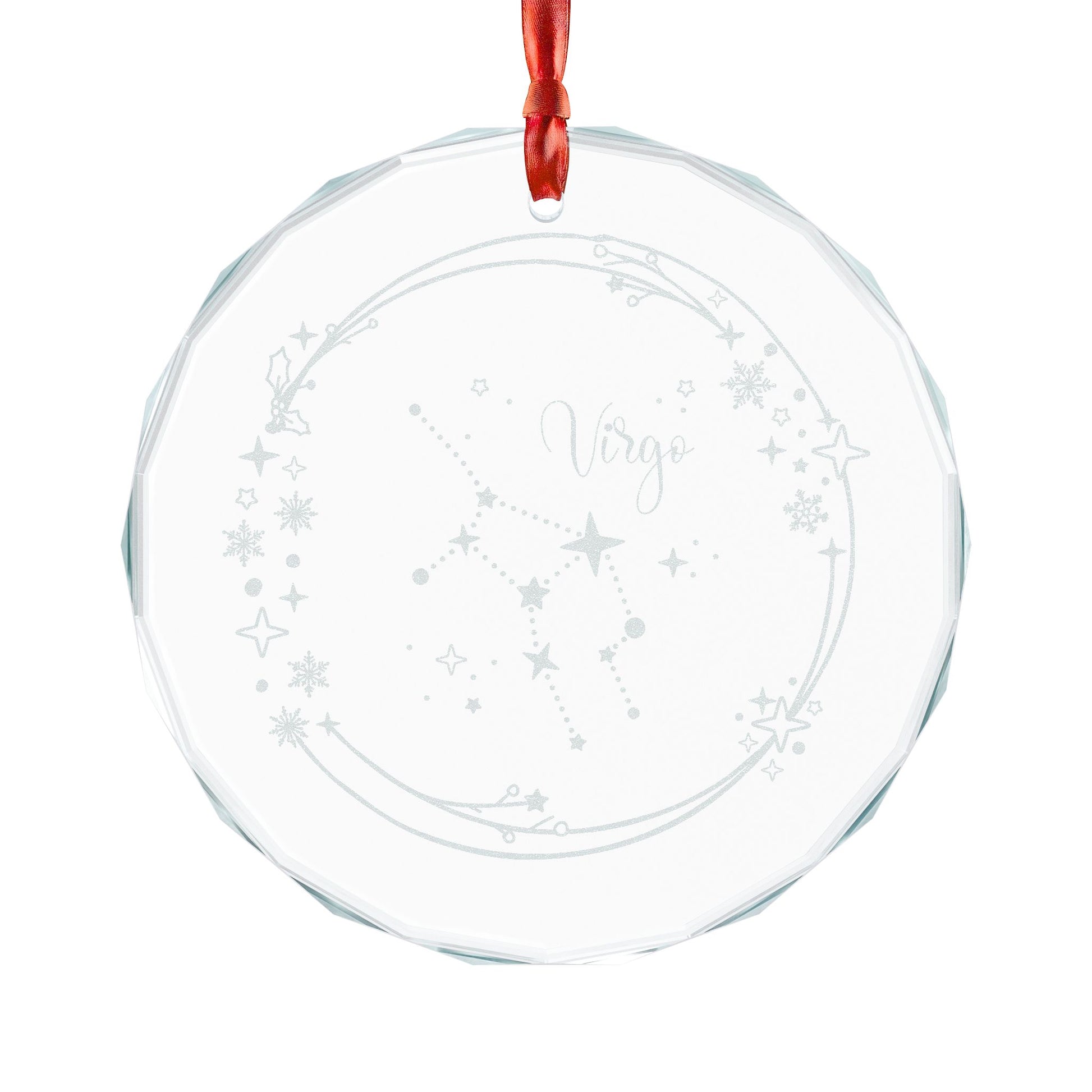 Virgo Constellation Crystal Glass Ornament Engraved Zodiac Star Map Gift by Spinsterly Co, faceted circle with ribbon