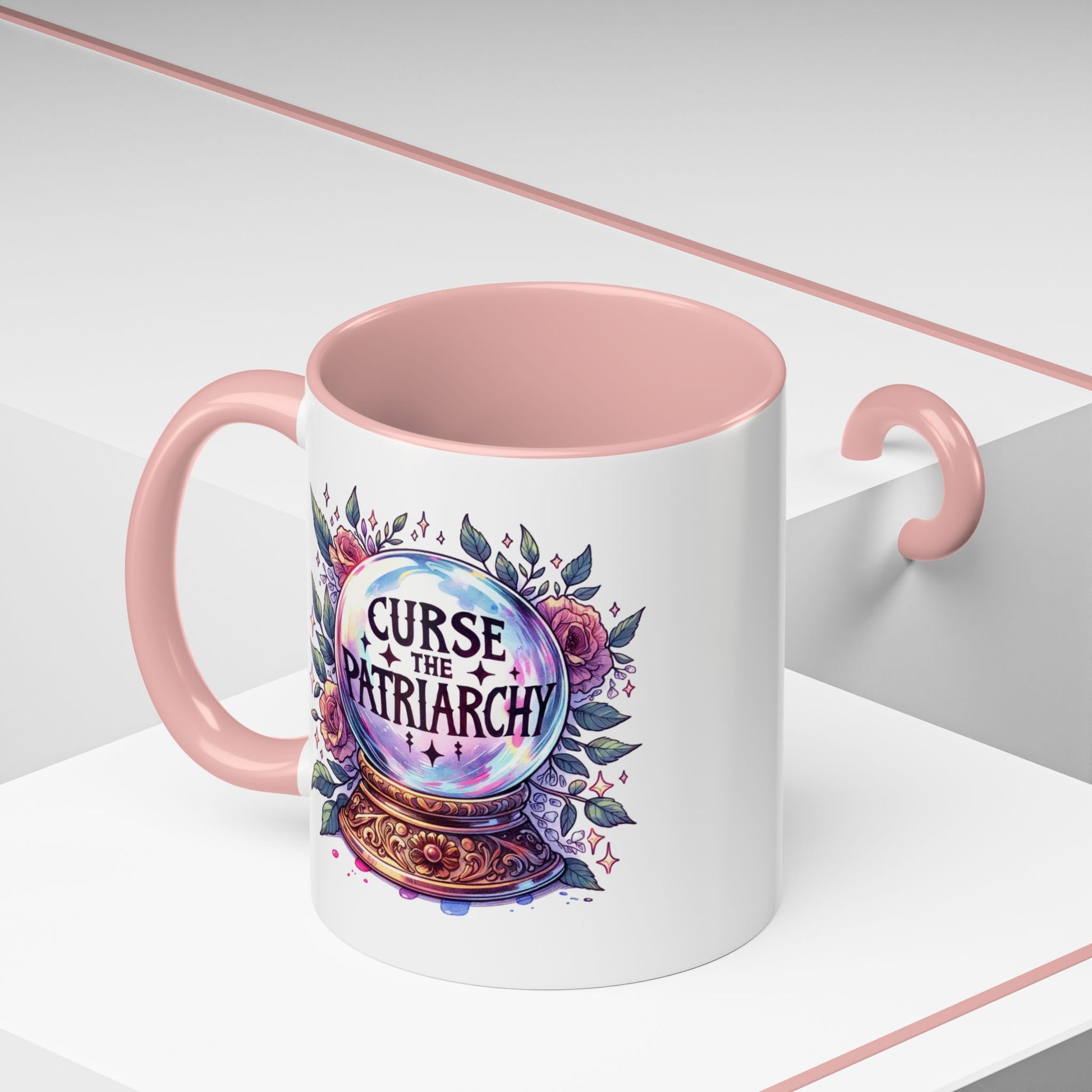 Curse the Patriarchy Floral Crystal Ball Accent Coffee Mug by Spinsterly Co, Pink glossy ceramic finish