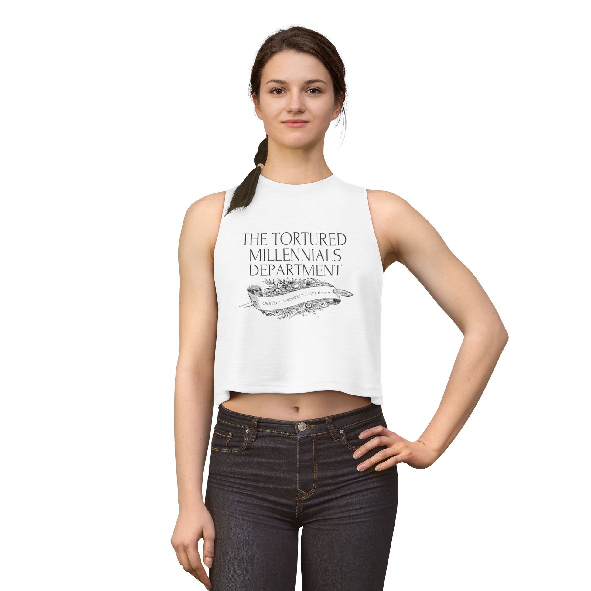 The Tortured Millennials Department Crop Top by Spinsterly Co in Solid White Blend with serif graphic typography
