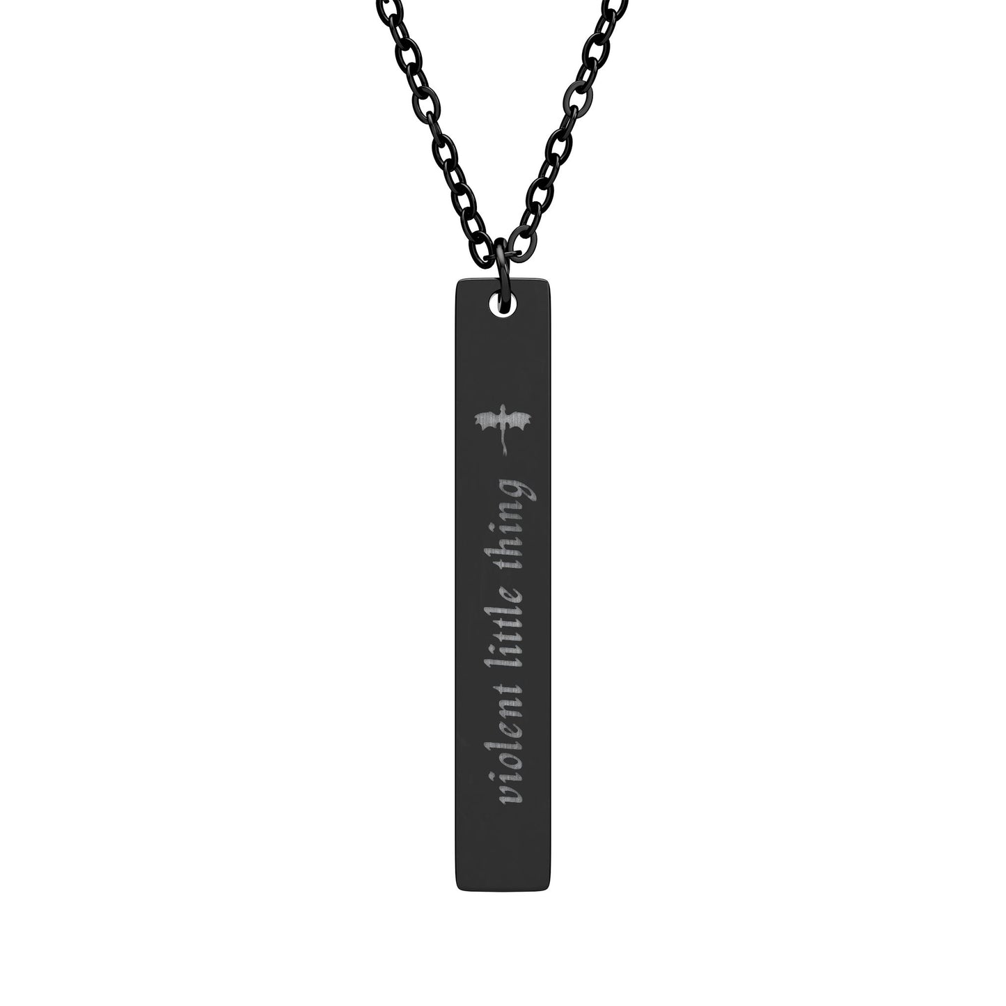 Violent Little Thing Dragon Engraved Vertical Bar Necklace Spinsterly Co black PVD with dragon silhouette engraving