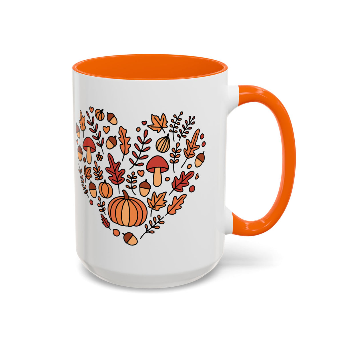 Fall Coffee Mug – Pumpkin & Mushroom Heart, Orange Accent