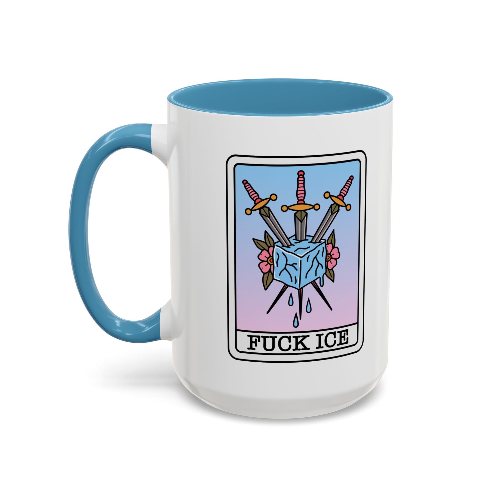 Fck Ice Accent Coffee Mug by Spinsterly Co in Light Blue with tarot swords and melting ice cube design