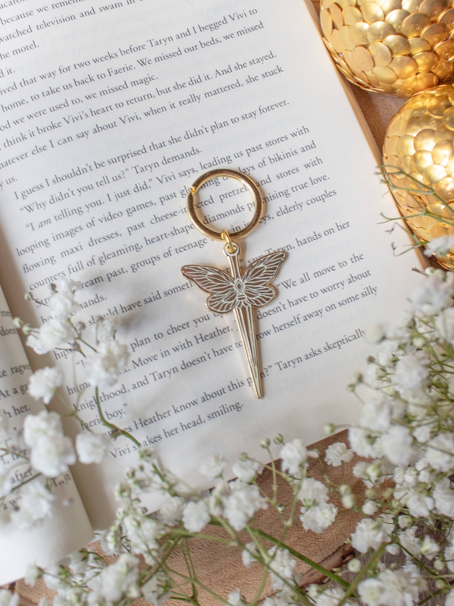 Faerie Dagger Enamel Keychain by Meaggie Moos with gold metal accents, hard enamel dagger charm
