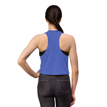 Ice, Ice, Go Away Crop Top by Spinsterly Co women's graphic crop top in Heather True Royal with cold-shoulder style