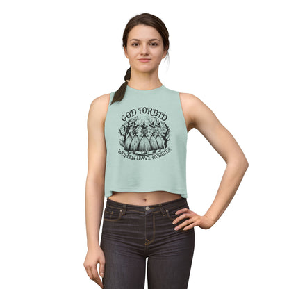 God Forbid Women Have Hobbies Crop Top by Spinsterly Co in Heather Dusty Blue with vintage witch graphic