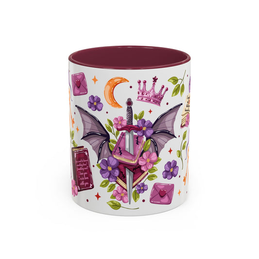 Winged Dagger Crown Romantasy Collage Coffee Mug Spinsterly Co maroon ceramic with full wrap fantasy design