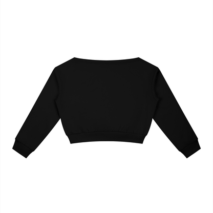 Back side of black off the shoulder long sleeve crop top on a white background