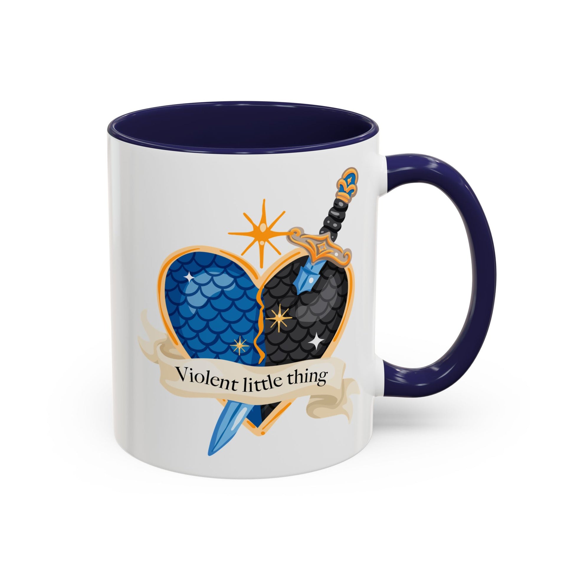 Violent Little Thing Heart and Dagger Crest Accent Coffee Mug by Spinsterly Co in Navy ceramic with glossy finish