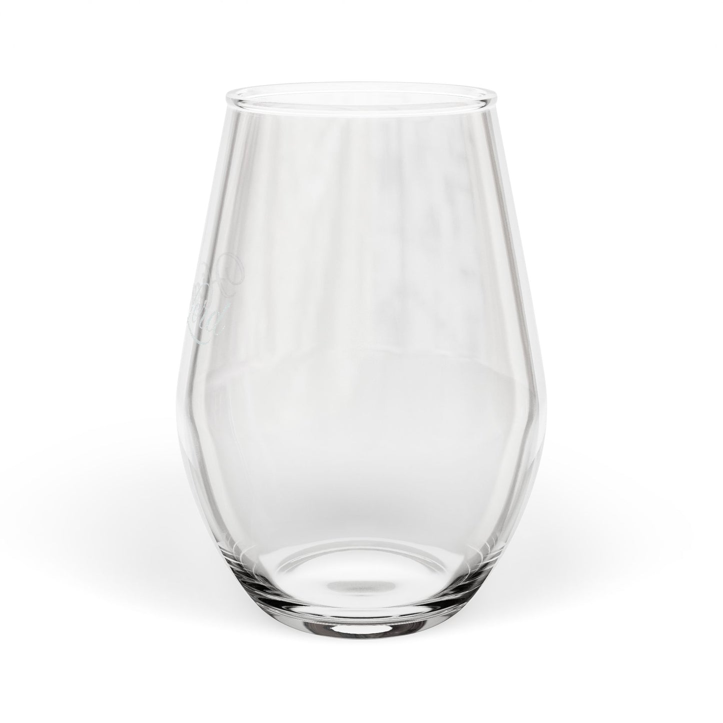 Clear glass stemless wine glass on a white background