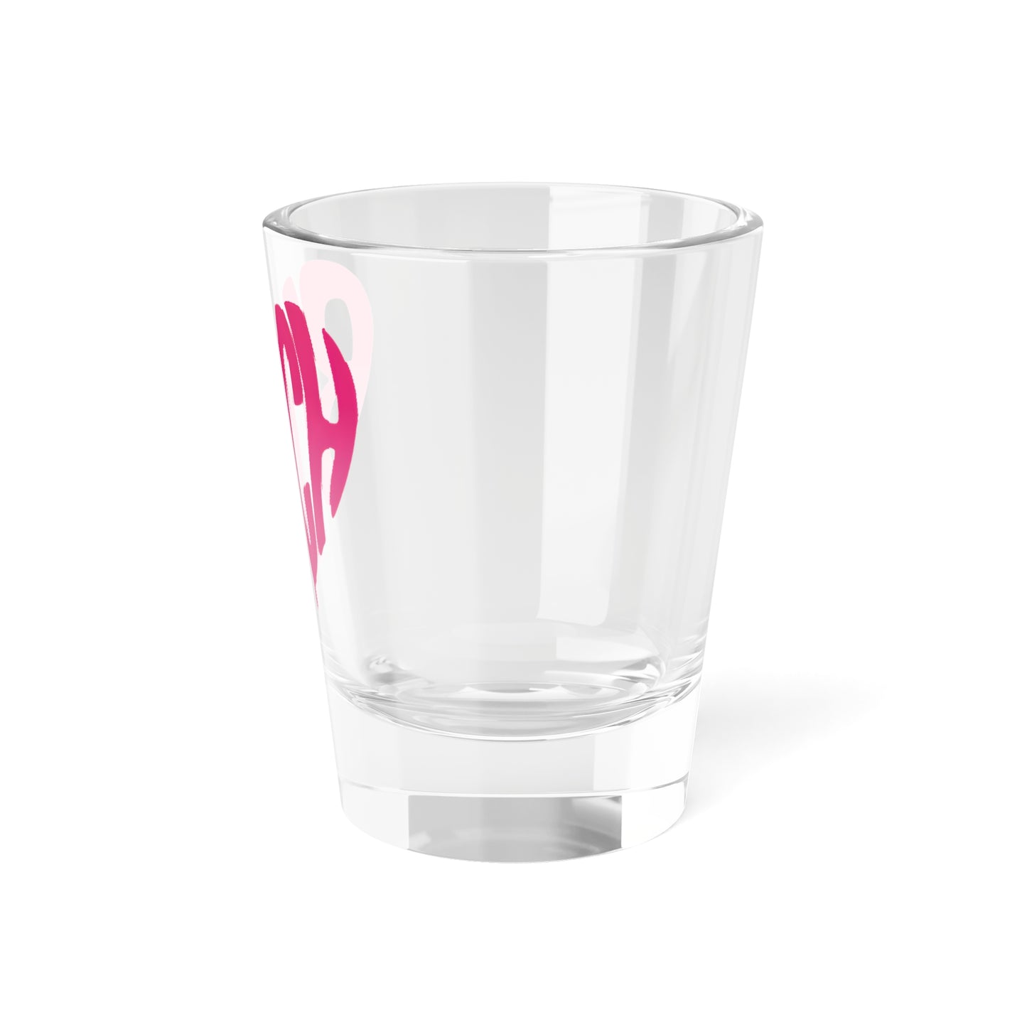 Pink Heart Bitch Script Shot Glass Spinsterly Co clear glass with pink heart shaped BITCH lettering