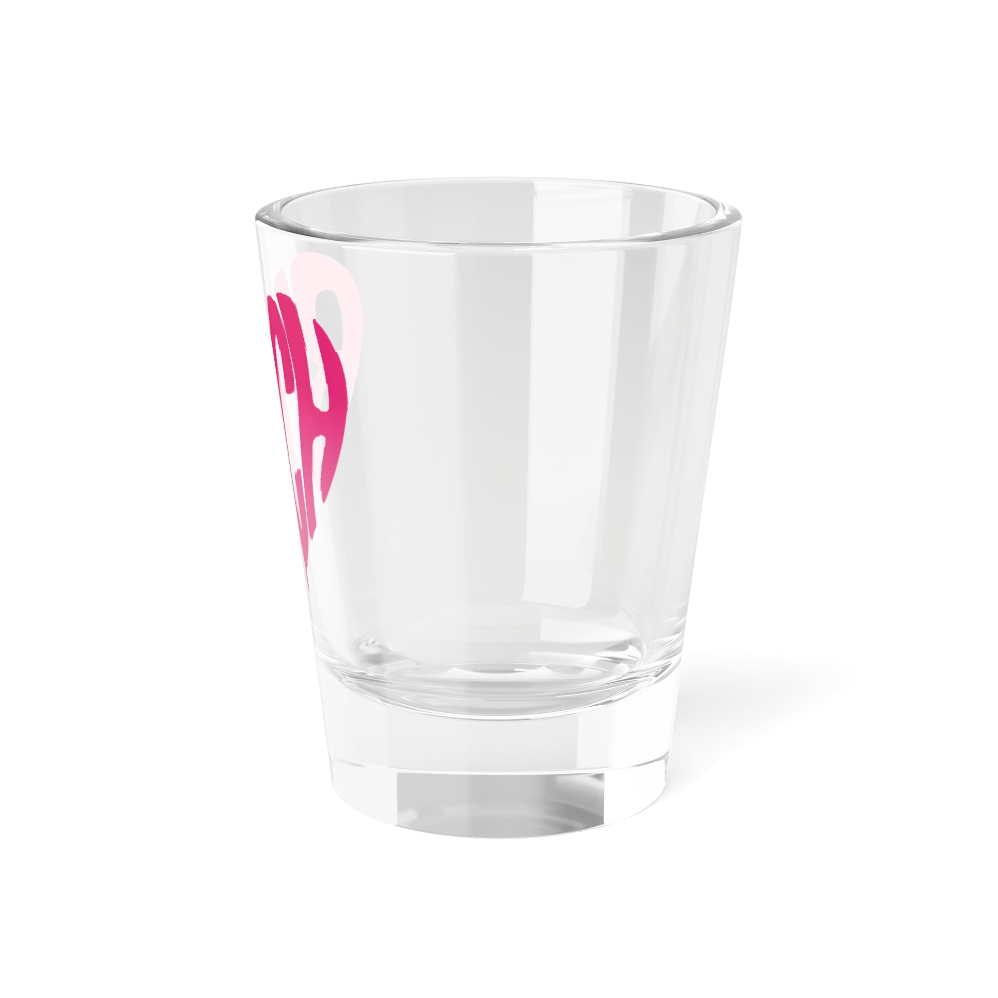 Pink Heart Bitch Script Shot Glass Spinsterly Co clear glass with pink heart shaped BITCH lettering