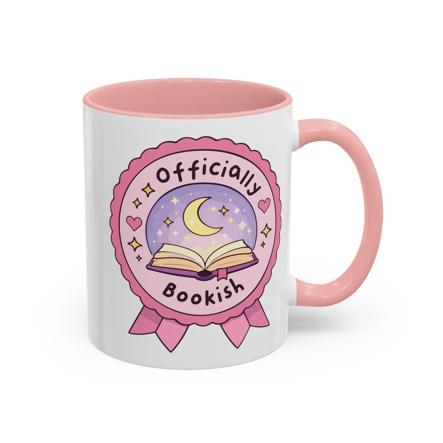 Officially Bookish Accent Coffee Mug Spinsterly Co pink interior with rosette badge graphic and book lover design