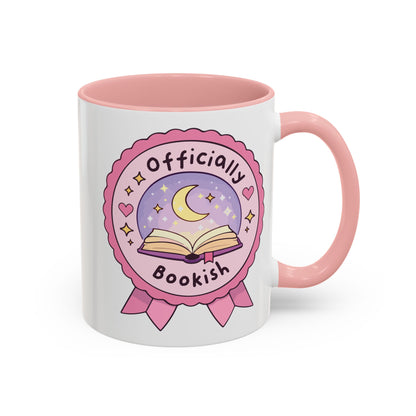 Officially Bookish Accent Coffee Mug Spinsterly Co pink interior with rosette badge graphic and book lover design