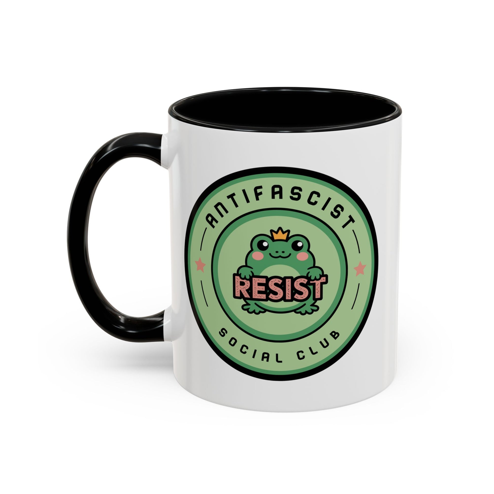 Antifascist Social Club Resist Accent Coffee Mug Kawaii Frog Political Mug by Spinsterly Co, glossy white with RESIST badge