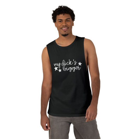 My Dick's Bigger Graphic Unisex Muscle Tank Top by Spinsterly Co in Black with raw-edge armholes
