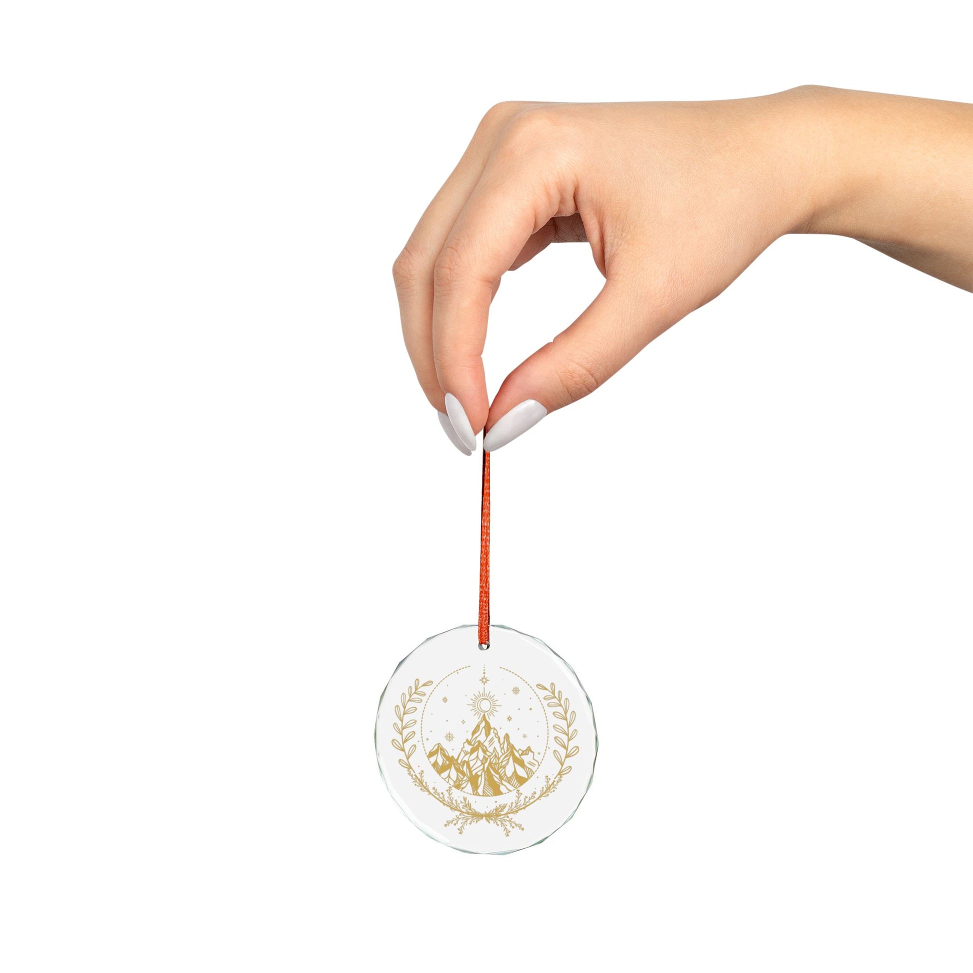 Fae Mountain Crystal Glass Ornament Spinsterly Co round crystal glass ornament with faceted surface and gold ribbon