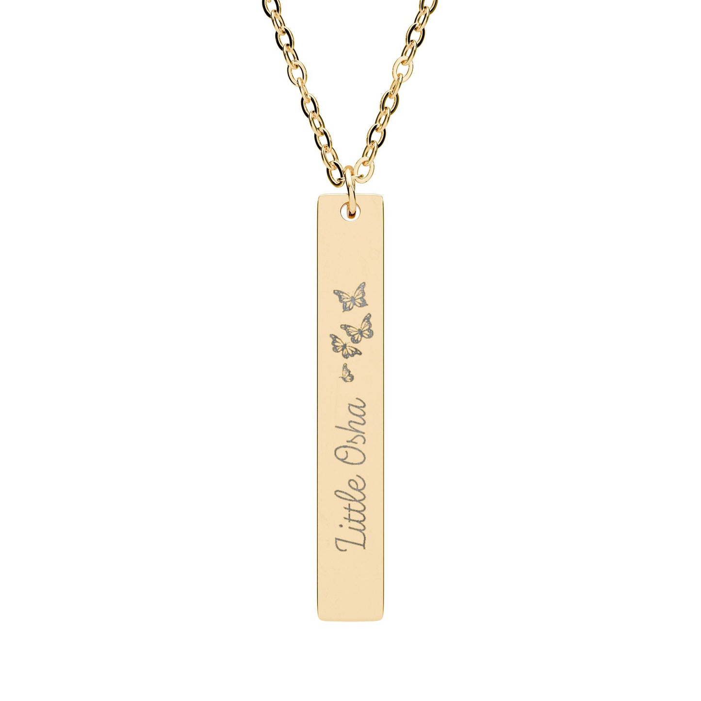 Little Osha Butterfly Engraved Vertical Bar Necklace by Spinsterly Co in 18K Gold PVD coating with three butterflies