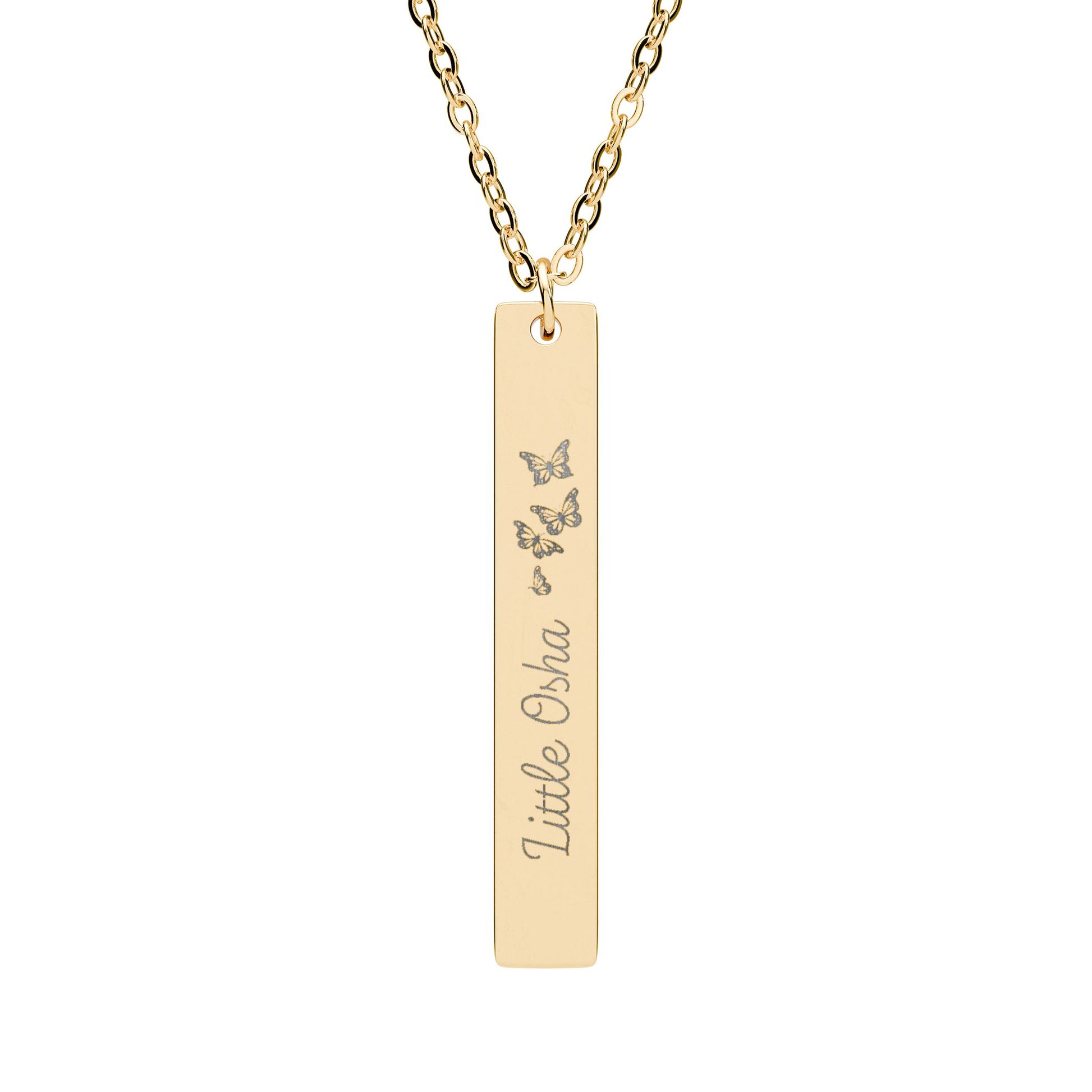 Little Osha Butterfly Engraved Vertical Bar Necklace by Spinsterly Co in 18K Gold PVD coating with three butterflies