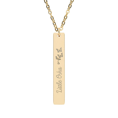 Little Osha Butterfly Engraved Vertical Bar Necklace by Spinsterly Co in 18K Gold PVD coating with three butterflies