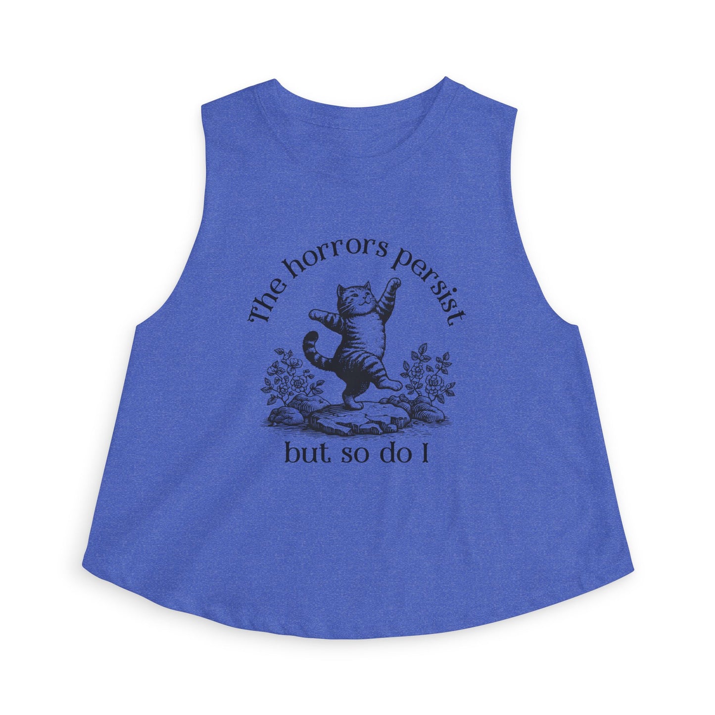The Horrors Persist But So Do I Crop Top Spinsterly Co women's cropped tank top in Heather Deep Teal with dancing cat graphic