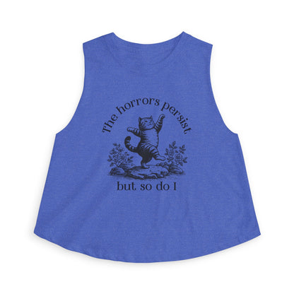 The Horrors Persist But So Do I Crop Top Spinsterly Co women's cropped tank top in Heather Deep Teal with dancing cat graphic