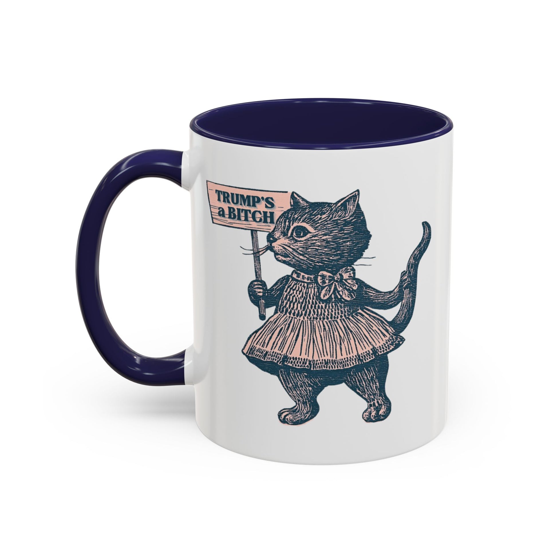 Vintage Protest Cat Accent Coffee Mug by Spinsterly Co in Navy glossy ceramic with Victorian cat illustration