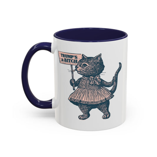 Vintage Protest Cat Accent Coffee Mug by Spinsterly Co in Navy glossy ceramic with Victorian cat illustration