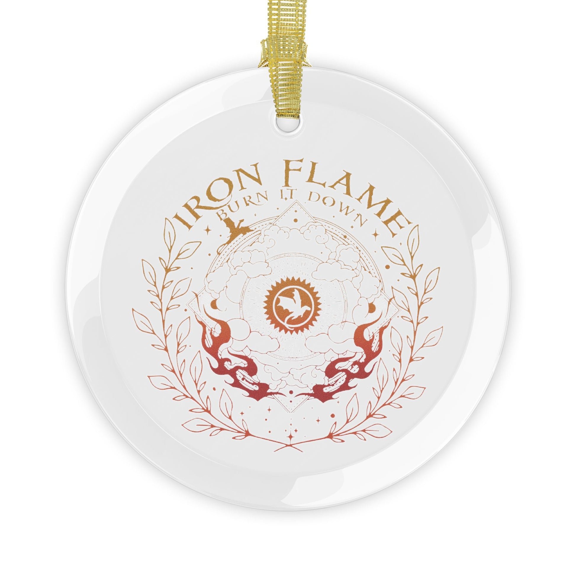 A round white ceramic ornament with a hanging loop, featuring a printed design with the words 'IRON FLAME' and 'TURN IT DOWN' in gold and red-orange tones, surrounding a central emblem and laurel wreath.