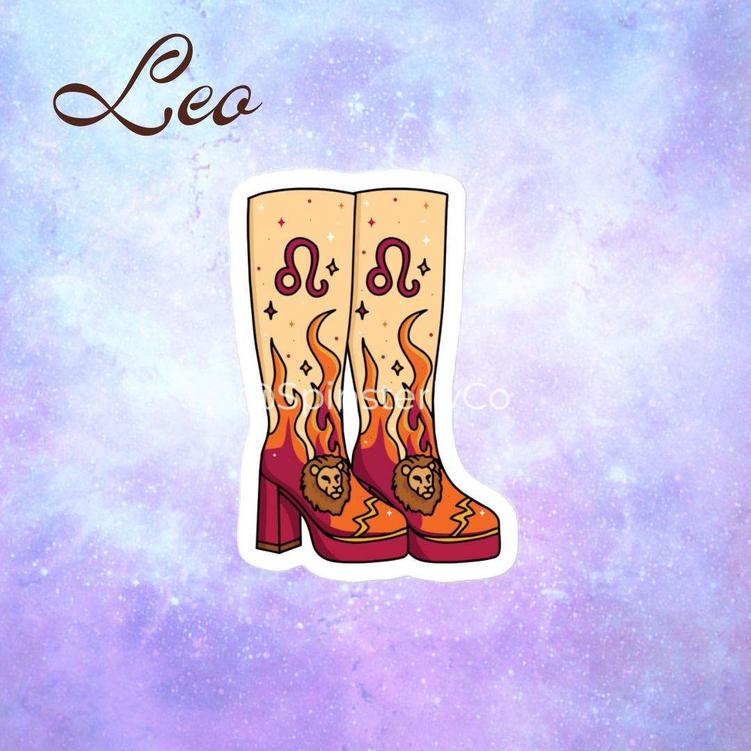 A die-cut sticker featuring a pair of tall cowboy boots with Leo zodiac symbols and flames, displayed on a purple and blue starry background with the word 'Leo' written in brown script.