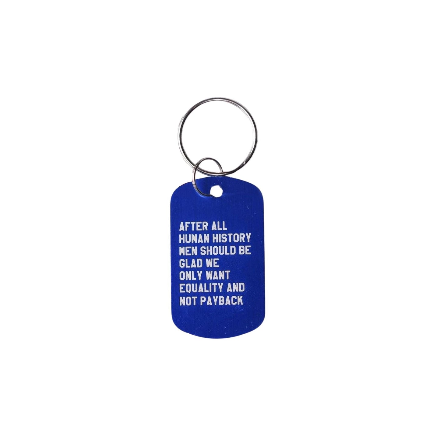 Blue keychain with white text on a white background