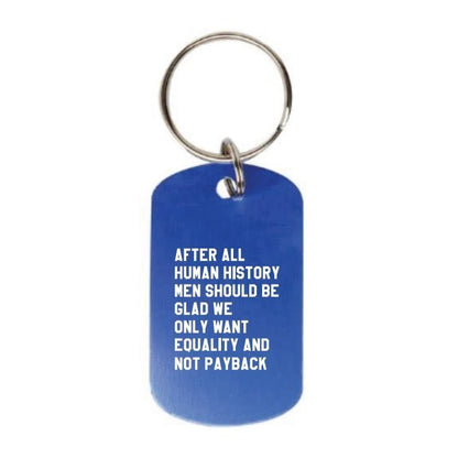 Blue keychain with white text on a white background