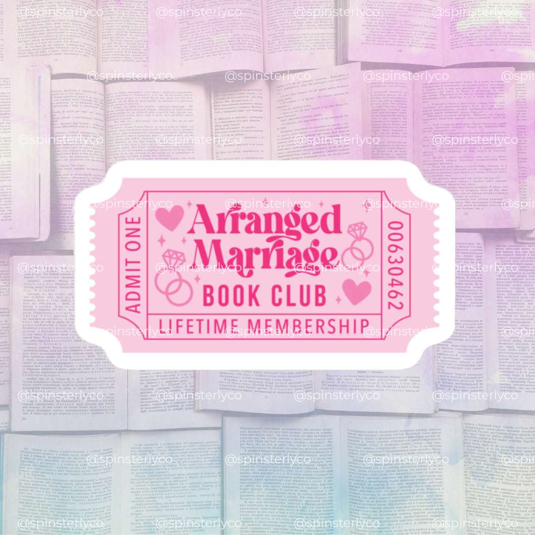 A pink ticket-shaped graphic with the text 'Arranged Marriage Book Club' and 'Lifetime Membership,' overlaid on a pastel background of stacked open books. Repeated '@spinsteryco' watermarks are visible across the image.