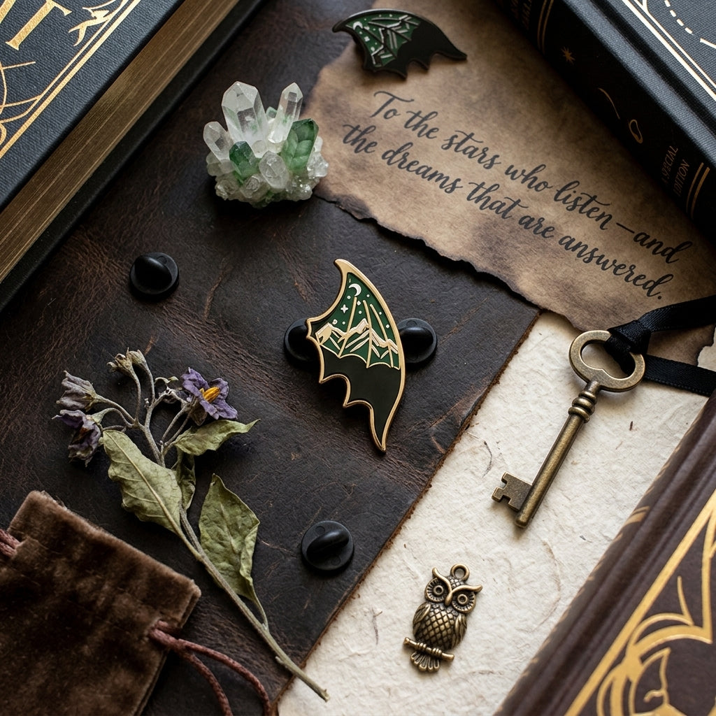 A styled flat-lay of gothic-themed jewelry and accessories, featuring a black bat-shaped pin with green star details, a small owl charm, a vintage key, dried flowers, crystals, and a velvet pouch on a dark textured surface.