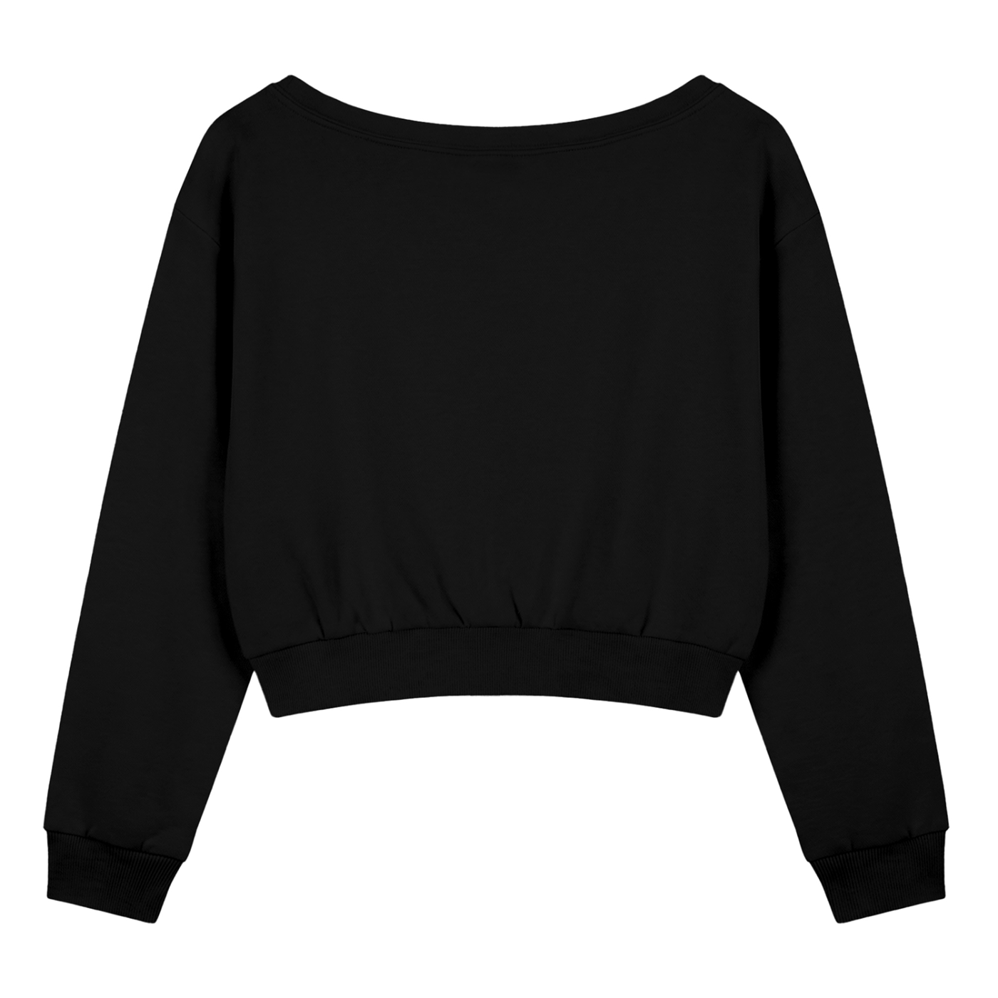 Back side of black, off the shoulder, long sleeved cropped sweatshirt on a white background